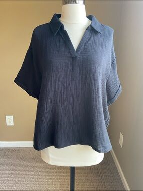 Nine West Black Gauzy VNeck Collar Blouse with Cuffed Sleeves XL Casual Cotton